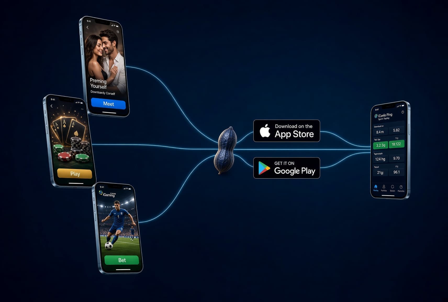 Smartphones with various apps connected by glowing lines through a peanut to app store badges.