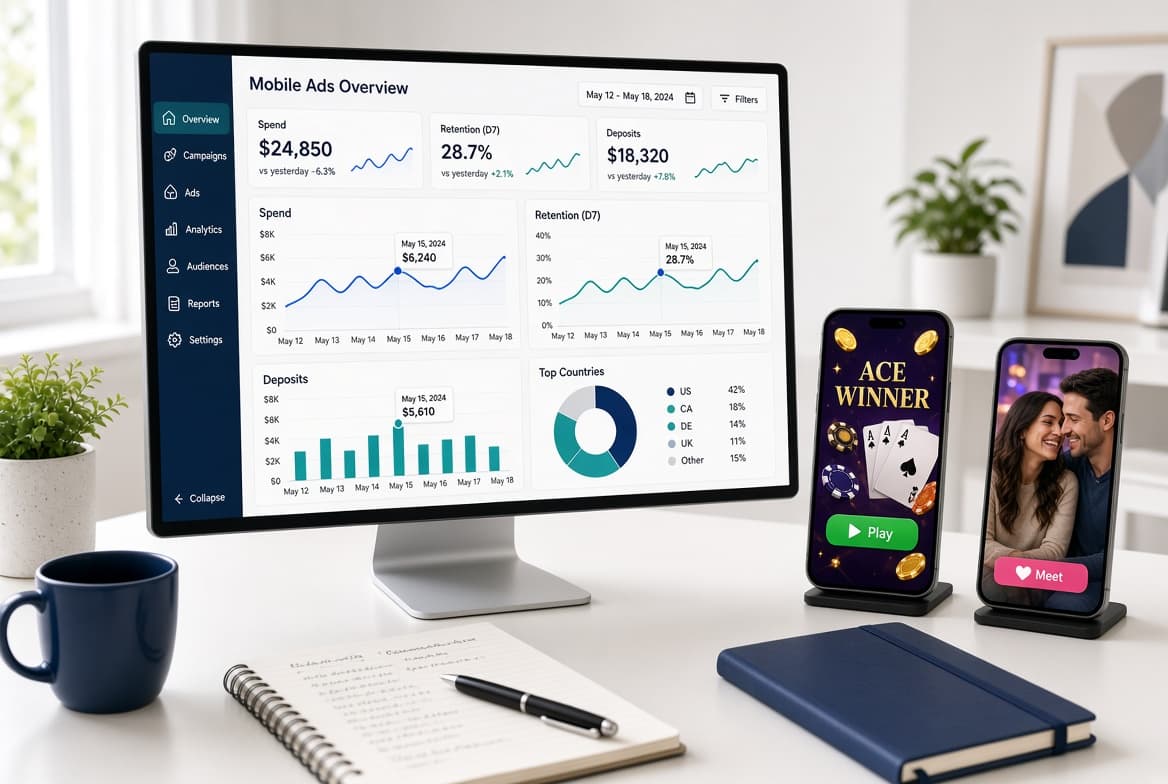 Desktop monitor displaying mobile ad analytics next to smartphones showing gaming and dating applications.